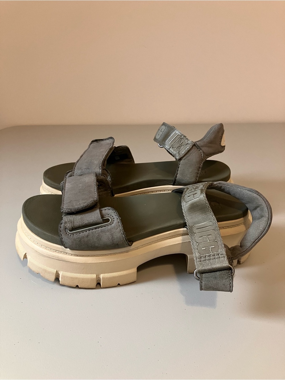UGG Gray Suede Platform Sandal with Cream Sole